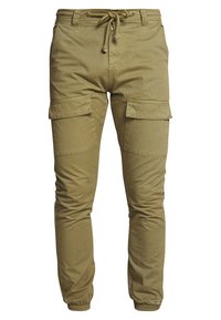 Kaki cargo bukser med elastiske manchetter, snor i livet og to store sidelommer. Lavet af bomuldsblanding og har en glat tekstur.