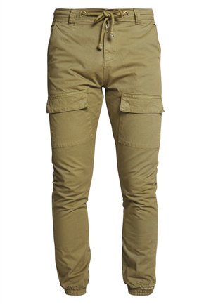 Khaki cargo pants with elastic cuffs, drawstring waist, and two large side pockets. Made of cotton blend, featuring smooth texture.