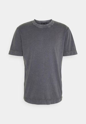 Grijs t-shirt met korte mouwen, gemaakt van katoen, met een ronde hals, zichtbare stikseldetails en een relaxte pasvorm. Gladde textuur.