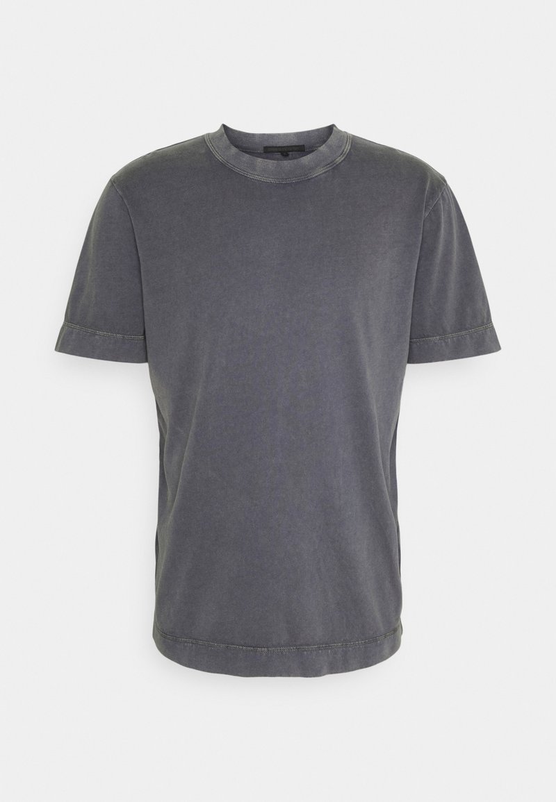 Szara koszulka z krótkim rękawem wykonana z bawełny, z okrągłym dekoltem, widocznymi szwami i luźnym krojem. Gładka faktura.