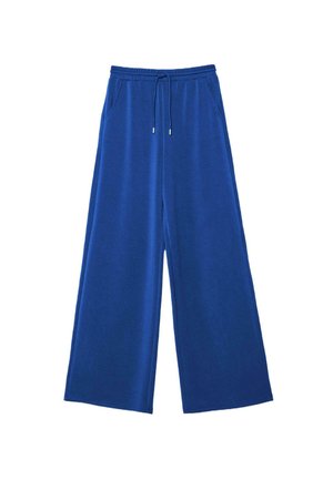 Blaue Hosen mit weitem Bein, elastischem Bund und Kordelzug, mit Seitentaschen, flach auf weißem Hintergrund liegend.