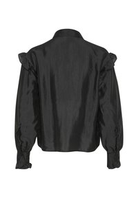 Black blouse with a satin finish, featuring ruffle accents along the shoulders and buttoned cuffs, designed with a relaxed fit.