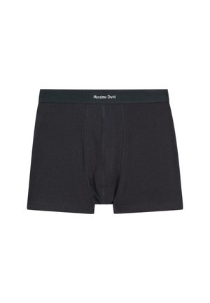 Black boxer shorts made of cotton, featuring a green waistband with "Massimo Dutti" logo, and a front opening with a simple stitching design.