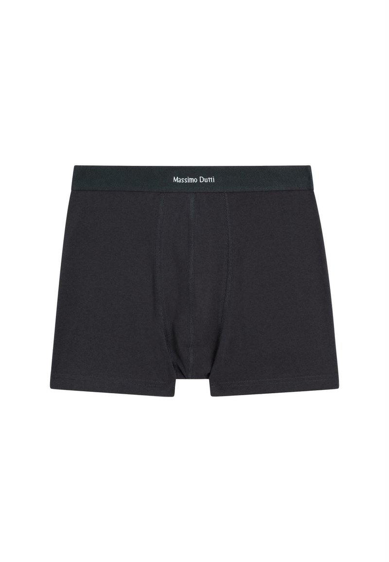 Svarta bomullskalsonger med en grön midjeband som har varumärket "Massimo Dutti" i vitt. Slät textur och traditionell passform.