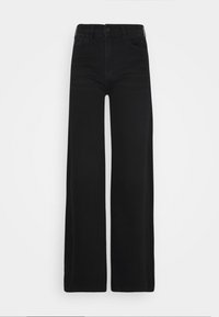 High-waisted black jeans with a wide-leg cut, crafted from denim. Features front pockets and a button fastening at the waist. Smooth texture.