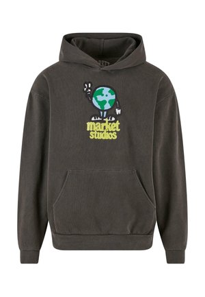 Mikina s kapucňou v tmavosivej bavlne s prednou vreckom. Obsahuje grafiku karikatúrneho sveta s rukami a text "market studios" v jasne žltej farbe.
