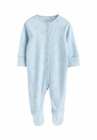 Body pentru bebeluși de culoare albastru deschis, realizat din bumbac moale, cu model imprimat de ursuleț bej, mâneci lungi și închidere cu capse.