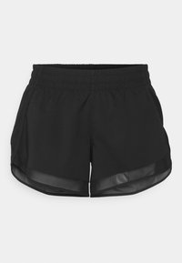 Calções de corrida pretos com uma cintura elástica, design em camadas e detalhes de bainha transparente. Feitos de um tecido leve para mobilidade e conforto.