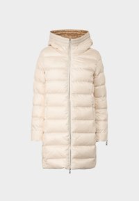 Crèmekleurige gewatteerde parka met een rits aan de voorkant, kap en zijritsen, met een gladde, glanzende textuur en duidelijke gestikte secties.