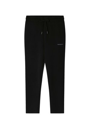 Černé tepláky vyrobené z měkkého materiálu s páskem na stažení. Na levé noze je malé bílé logo "HACKETT". Úzký střih.