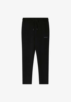 Pantaloni felpati neri realizzati in un materiale morbido con vita regolabile tramite coulisse. Presentano un piccolo logo bianco "HACKETT" sulla gamba sinistra. Design aderente.