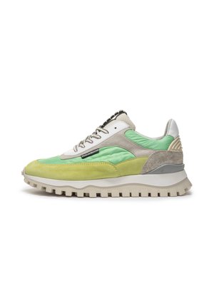 Sneakers featuring a mix of green, gray, and white materials, textured suede, mesh panels, prominent lacing, and a thick rubber sole.