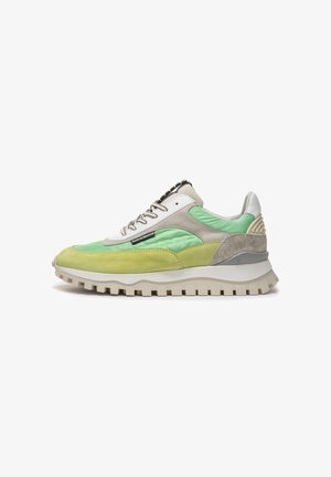 Sneakers featuring a mix of green, gray, and white materials, textured suede, mesh panels, prominent lacing, and a thick rubber sole.