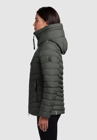 Kapuzenjacke in dunkelgrün. Verfügt über einen hohen Kragen, Reißverschlusstaschen und ein Logo-Detail. Das Material hat eine glatte Textur mit horizontalen Nähten.