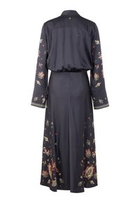 Langes marineblaues Kleid mit floraler Stickerei in Rot, Gold und Grün. Mit langen Ärmeln, einem Kragen und einem elastischen Taillenbund für eine bequeme Passform.