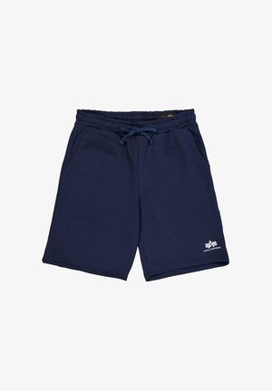 Marineblaue Baumwollshorts mit einem elastischen Bund und Kordelzug, ausgestattet mit zwei Seitentaschen und einem weißen Logo am unteren Bein.