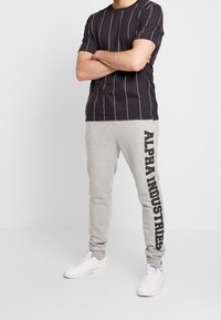 Zwart-wit gestreept t-shirt met korte mouwen, gecombineerd met grijze joggingsbroek met "ALPHA INDUSTRIES" in het zwart verticaal gedrukt. Witte sneakers.