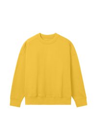 Sudadera amarilla hecha de una tela suave, presenta un cuello redondo, costuras de hombros caídos y puños y dobladillo acanalados para un ajuste relajado.