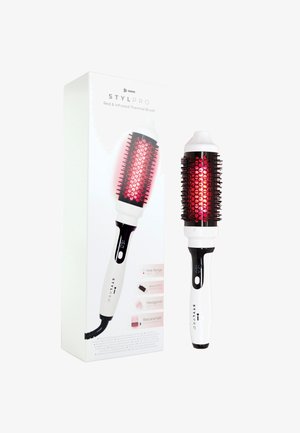 Rode en infrarood thermische borstel met een hexagonale cilinder, witte en zwarte handgreep, digitale display en een temperatuurbereik van 160°C tot 200°C.