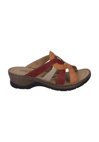Leather wedge sandal featuring orange, red, and beige straps, with a textured brown outsole and stitched detailing. Adjustable fit.