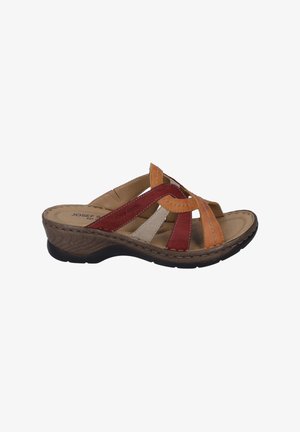Leather wedge sandal featuring orange, red, and beige straps, with a textured brown outsole and stitched detailing. Adjustable fit.
