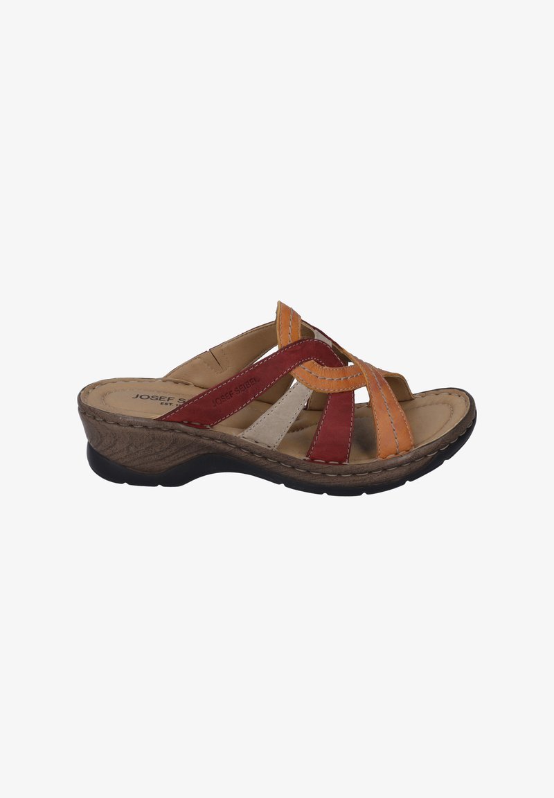 Leather wedge sandal featuring orange, red, and beige straps, with a textured brown outsole and stitched detailing. Adjustable fit.