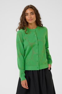 Cardigan verde cu guler rotund, închidere cu nasturi, mâneci lungi și un model abstract texturat. Fabricat dintr-un material moale, tricotat.