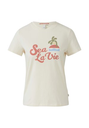 Katoenen T-shirt in off-white met korte mouwen, met een kleurrijke print van "Sea La Vie" met een palmboom en zonsondergangontwerp.