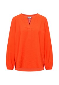 Blouse longue à manches longues de couleur orange vif, avec un col rond et une petite fente à l'avant, dotée de poignets élastiques et d'un ourlet légèrement incurvé.