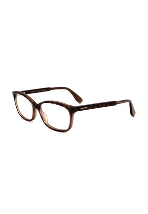 Occhiali rettangolari color tartaruga marrone con lenti trasparenti e aste sottili, marchiati "Jimmy Choo" sulla stanghetta.