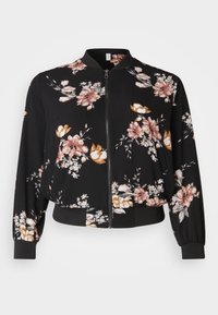 Černá bomber bunda s květinovými vzory v růžové, bílé a oranžové barvě. Vyrobena z lehkého materiálu s žebrovanými manžetami a pasem.