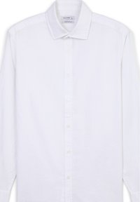 Weißes Langarmshirt aus leichtem Stoff, mit klassischem Kragen, vorderem Knopfverschluss und regulärer Passform.