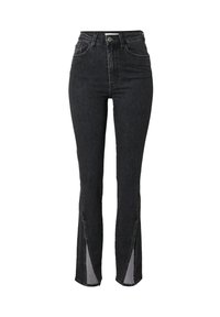 Jeans en denim noir taille haute avec des jambes évasées, dotés de fentes latérales et d'une doublure grise contrastante. Design classique à cinq poches avec une fermeture à bouton sur le devant.