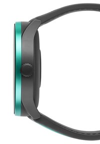 Ronde smartwatch met een zwarte behuizing en een turquoise accentring. Inclusief een gestructureerde zwarte siliconen band en een opvallende zijknop.