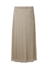Knielange, beige rok van een geweven, glinsterende stof. Elastische tailleband voor comfort, vloeiende snit met een subtiele glans erdoorheen.