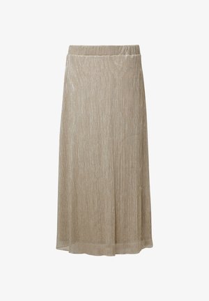 Knee-length, beige skirt with a textured, glittery fabric. Elastic waistband for comfort, flowing design with a subtle sheen throughout.