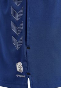 Blå sportskjorta med en slät textur, prydd med ett zigzag-mönster i ljusgrått och en vit logotyp vid fållen. Svarta knappar på sidan.