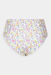 Parte inferior de bikini de cintura alta com padrão floral em branco, apresentando flores multicoloridas e folhas verdes, fabricada em tecido leve e elástico.