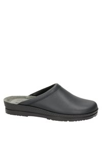 Schwarze Leder-Clogs mit glatter Oberfläche, offener Rückseite, gepolsterter Innensohle und strukturiertem Gummisohle. Einfaches Design mit dezenten Steppnähten.