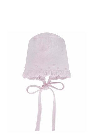 Béguin en tricot rose doux pour bébé avec bord festonné et rubans noués.