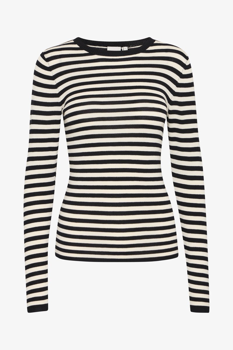Haut rayé noir et crème à manches longues avec un col rond, fabriqué en maille douce, présentant des rayures horizontales uniformes et une coupe ajustée.