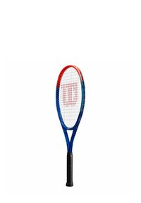 Racchetta da tennis con un telaio blu e rosso, una maniglia nera texturizzata e un motivo a rete per le corde. Il logo del marchio è rosso sulle corde.