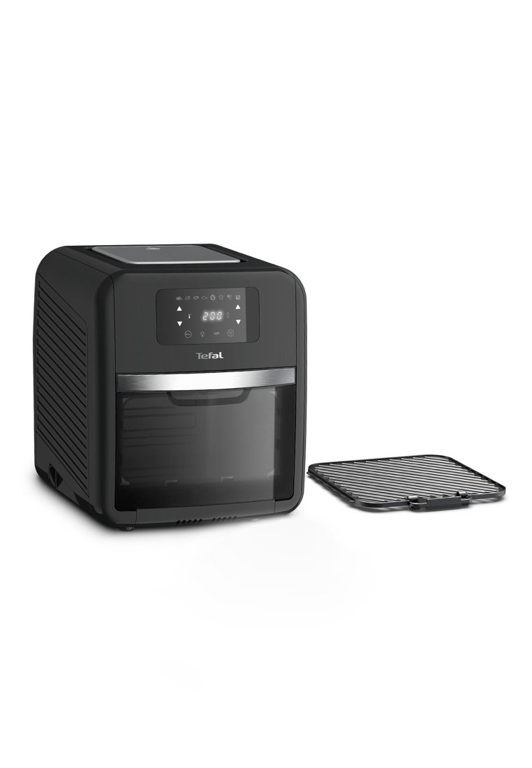 Schwarze Heißluftfritteuse mit einem eleganten Design, digitalem Bedienfeld, Glasfront und einem herausnehmbaren Drahtgestell. Abmessungen geeignet für die Verwendung auf der Arbeitsplatte.