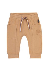 Hellbraune Jogginghosen aus weichem Stoff, mit einem elastischen Bund, Kordelzug in Creme und Lila sowie zwei Seitentaschen.