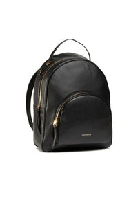 Czarna skórzana plecak o zaokrąglonym kształcie, z złotymi zamkami, przednią kieszenią i uchwytem u góry do noszenia.