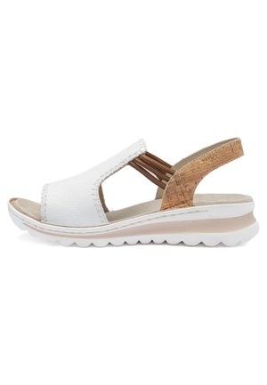 Weiße Sandale mit offenem Zehenbereich, braunen elastischen seitlichen Riemen, Kork-texturiertem Fersenriemen, gepolsterter Sohle und weißer Außensohle mit Waffelmuster.