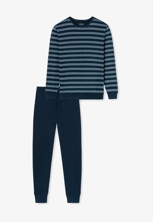 Donkerblauw pyjama set met gestreepte lange mouwen top en effen broek. Materiaal lijkt zacht met ribbelmansjetten en een comfortabele tailleband.