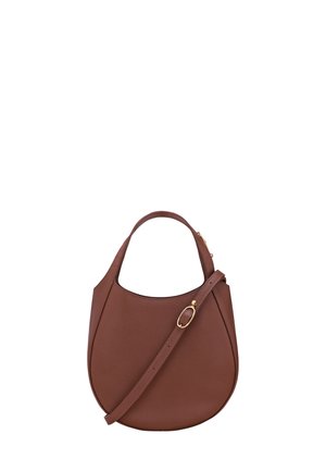 Brown leather crescent-shaped handbag with top handle and adjustable strap featuring a gold oval buckle.