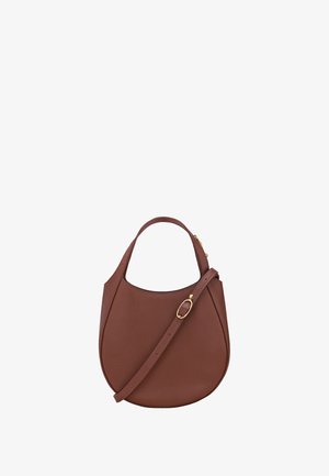 Brown leather crescent-shaped handbag with top handle and adjustable strap featuring a gold oval buckle.