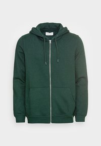 Green zip-up hoodie made of cotton, featuring a hood, drawstrings, and two front pockets, with a smooth texture and ribbed cuffs.